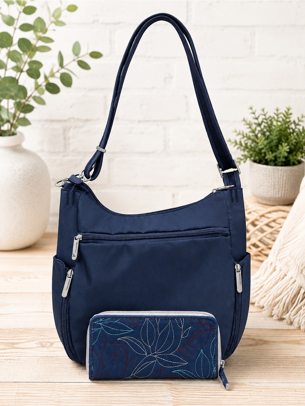 Travelon 2-Piece Navy RFID Shoulder Bag & Matching Wallet EUC